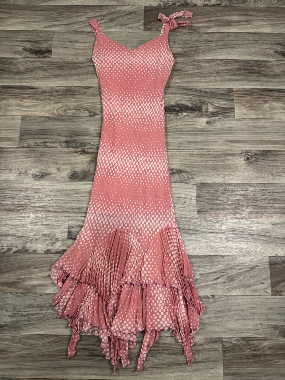 Vintage Y2K Silk Polka Dot Pink Ruffle Hem Dress Made in USA Size Small